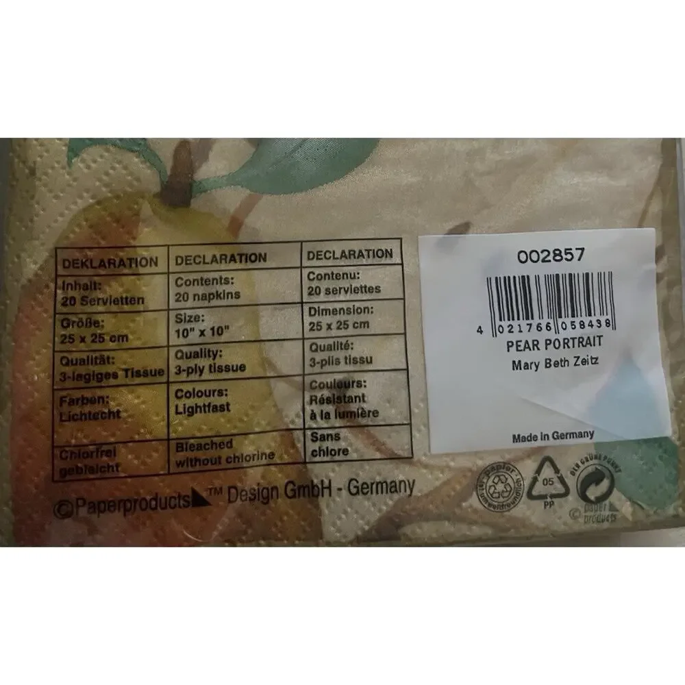 Package Of 20 Napkins Pears Decoupage Pair Portrait Made In Germany